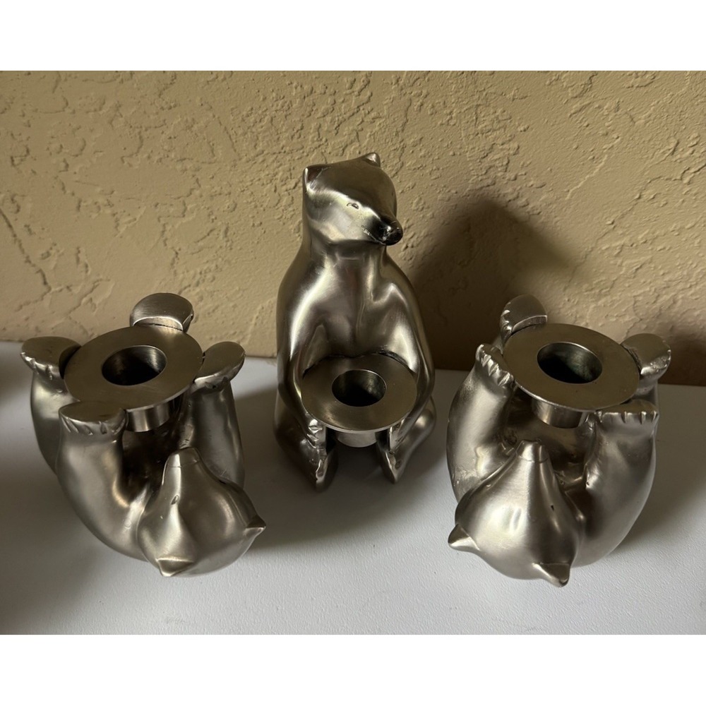Restoration Hardware Bears Taper Candle Holder Set 3 Silver Metal Figural Decor